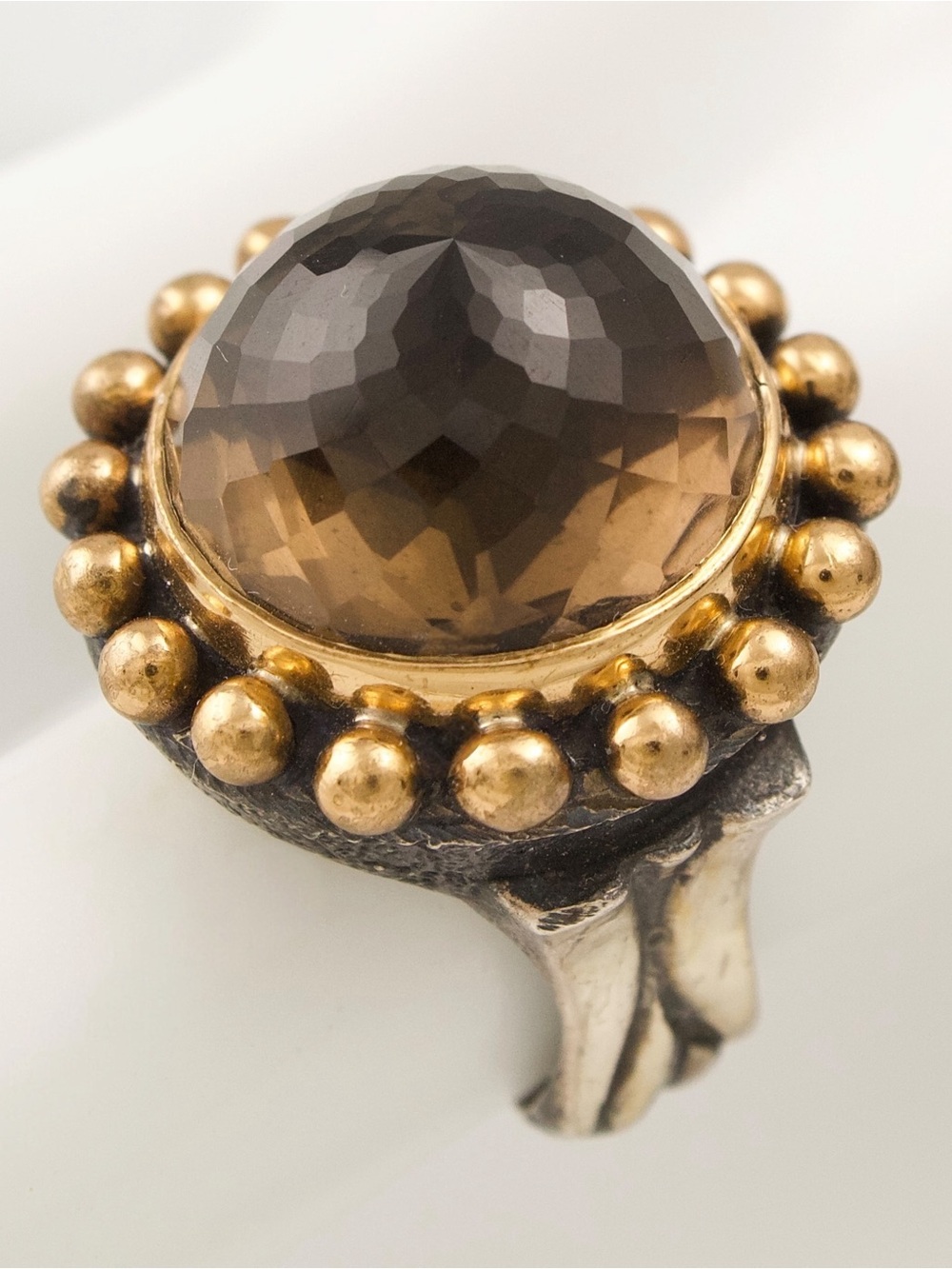 Smoky Quartz Sterling Silver Statement Ring with Bronze Accents Size 7